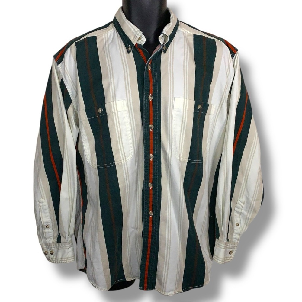 Vintage Large Consensus Mens Striped Long Sleeve Button Up Shirt Green Beige